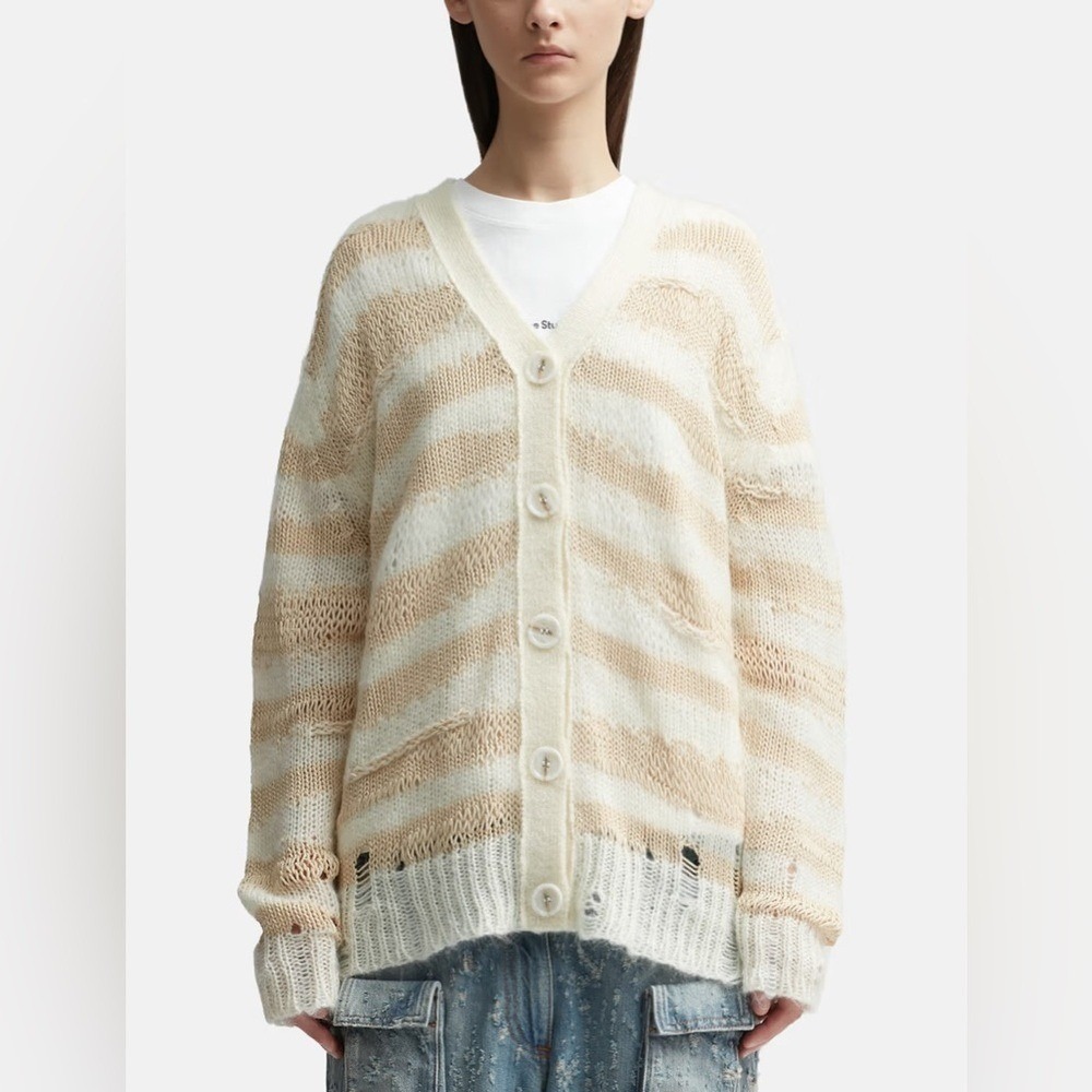 Acne Studios Distressed Oversized Striped Cardigan Sweater Tan & Cream